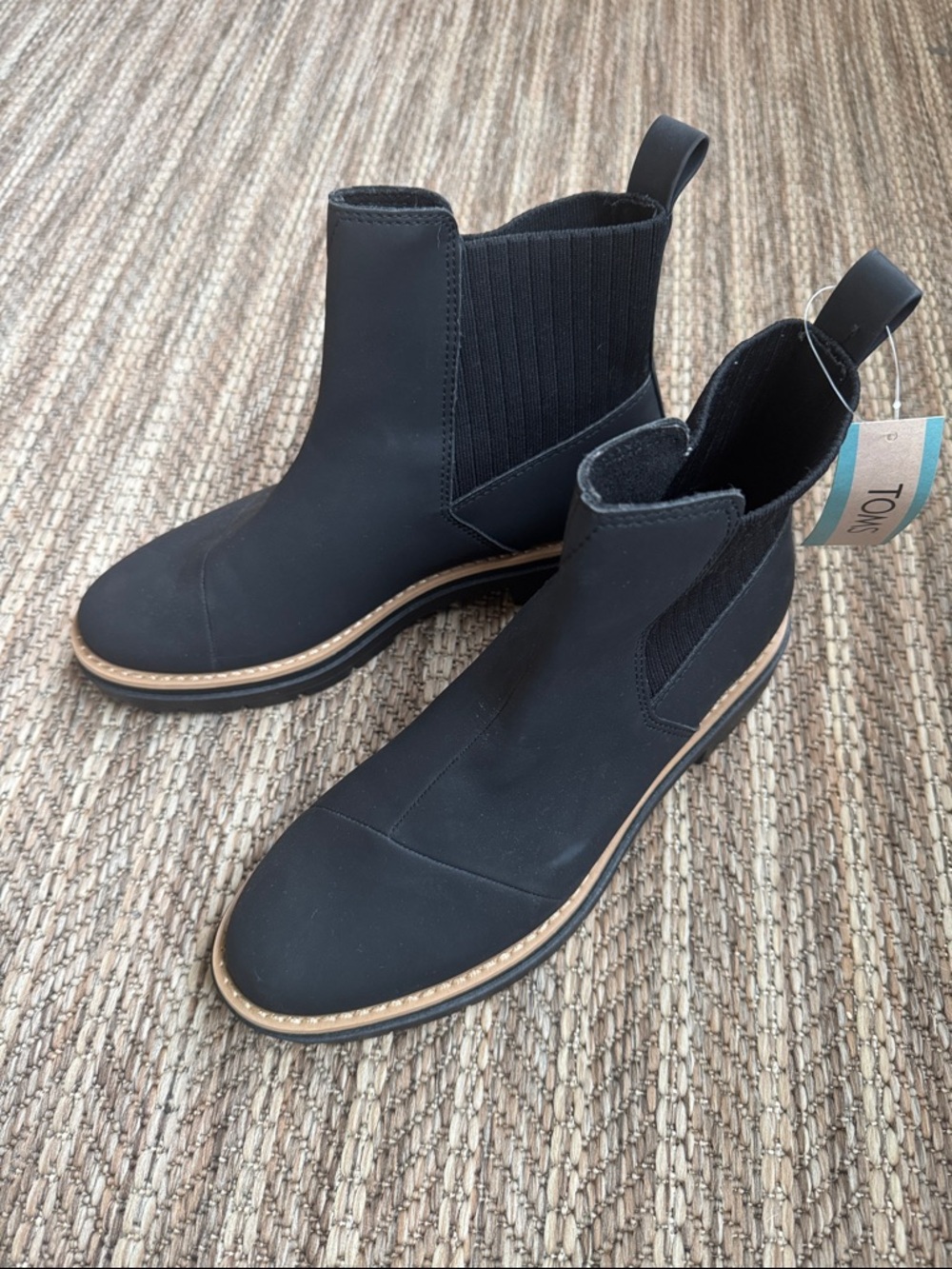 TOMS Black Chelsea Ankle Boots with Tan Trim